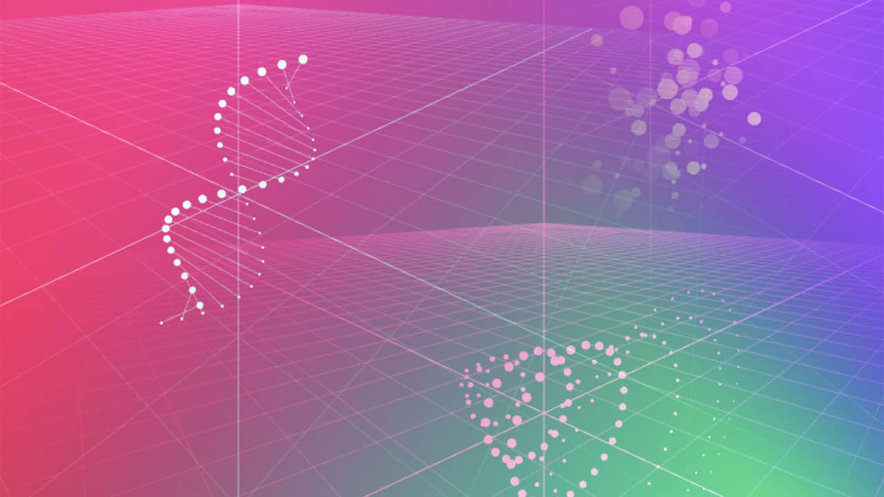 Screenshot of the 3D Particle Explorations demo, white particle dots on a colorful 3D plane.