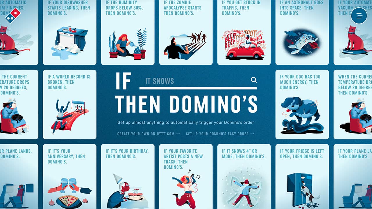 Screenshot of If This Then Domino’s, illustrated cards showing ways to trigger a pizza delivery.