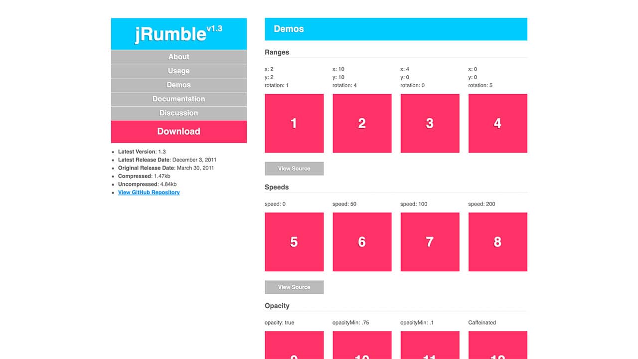 Screenshot of jRumble website demo and documentation.